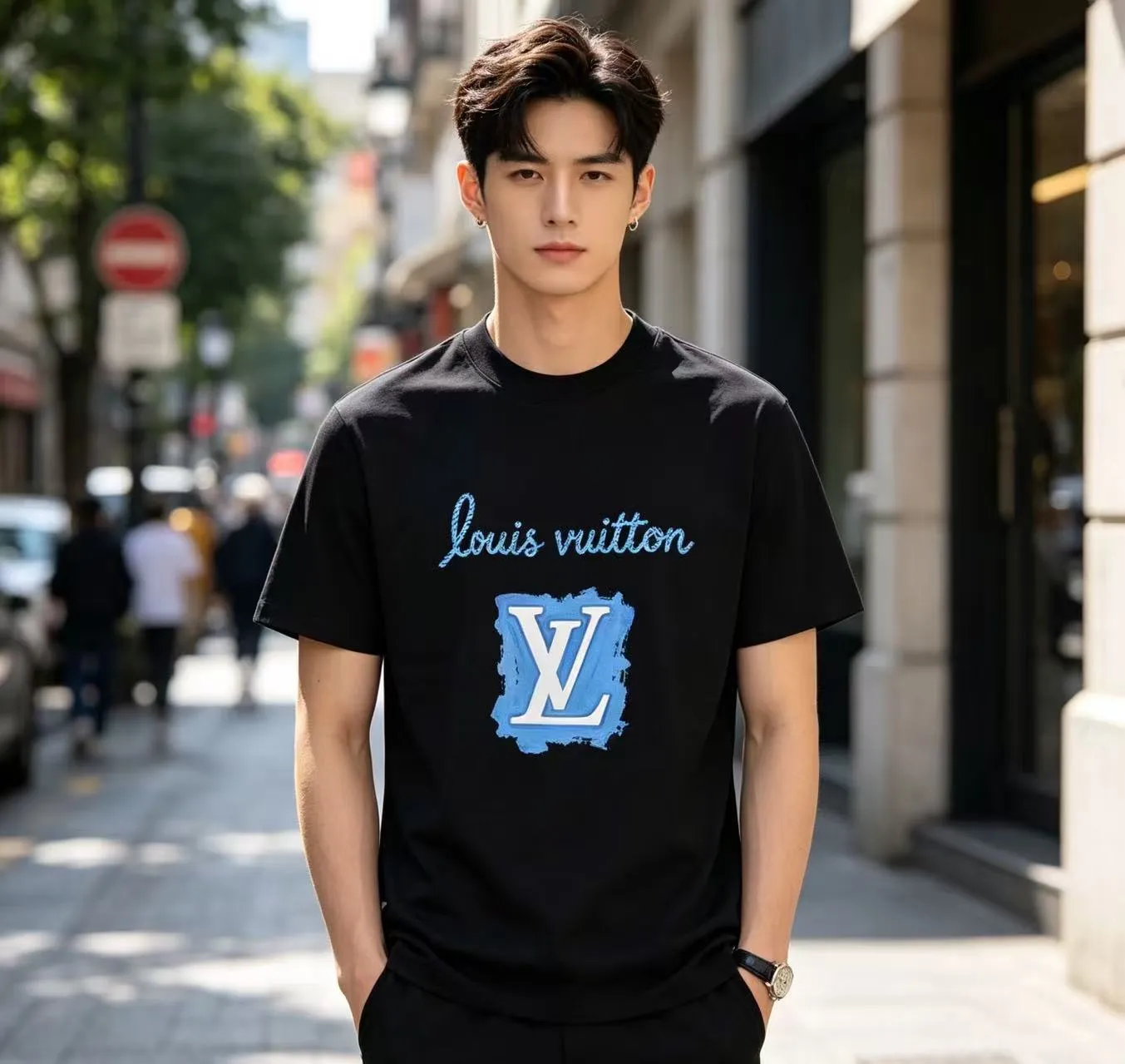Louis Vuitton/Louis Vuitton blue graffiti LV printed short sleeves
